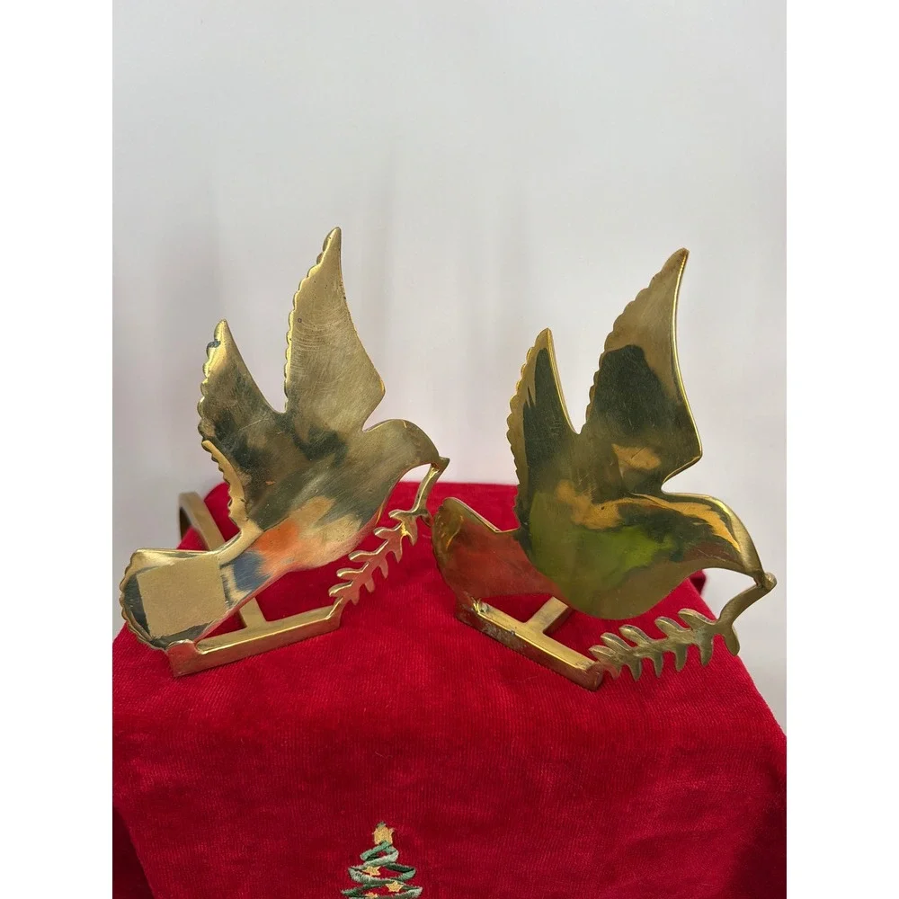 Vintage Solid Brass Dove of Peace Christmas Stocking Holders Pair Gold Mantel